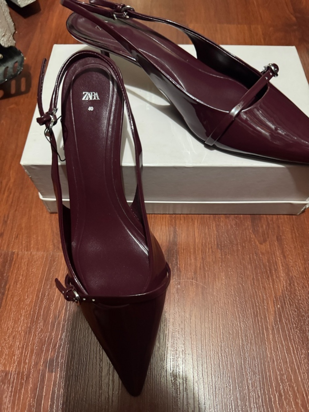 Zara Wine Patent Pointed-Toe Slingback Heels